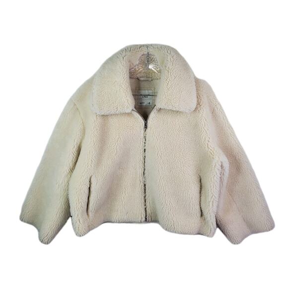 Abercrombie & Fitch Teddy Jacket Women XS Ivory Sherpa Crop Zip Oversized Coat - Picture 1 of 10